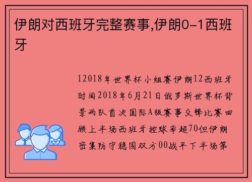 伊朗对西班牙完整赛事,伊朗0-1西班牙